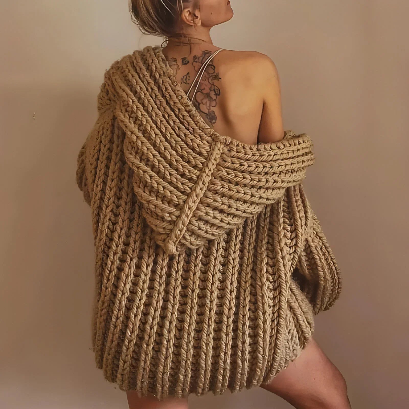 Hooded Thick Pattern Loose Knitted Cardigan Woven Design Sweater - Which Mark
