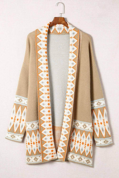 Khaki Aztec Print Open Front Knitted Cardigan - Which Mark