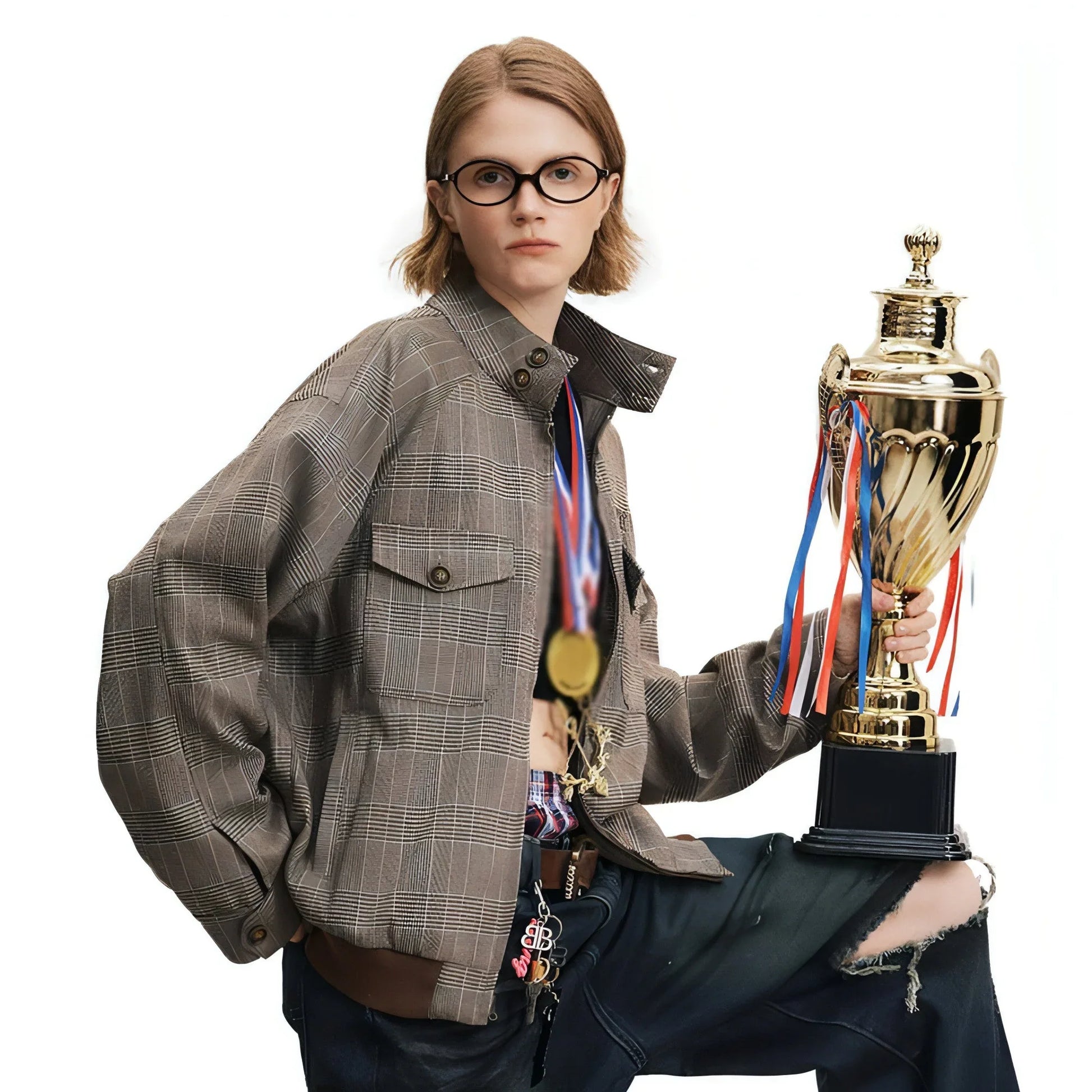 Plaid Loose-fitting Stand-up Collar Jacket Men And Women - Which Mark