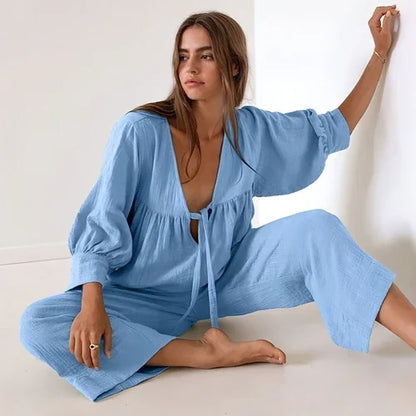 Women's Fashion Long Sleeve Double-layer Crepe Pajamas Trousers Loose - Which Mark