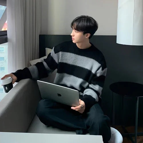 Round Neck Striped Design Sense Niche Soft Glutinous Sweater Men - Which Mark