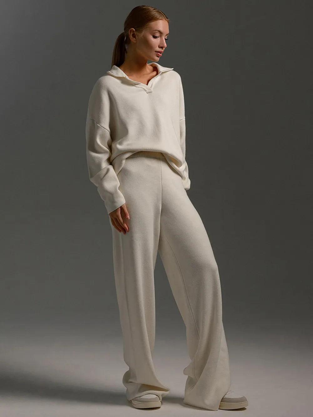 Johnny Collar Long Sleeve Top and Pants Sweater Set - Which Mark