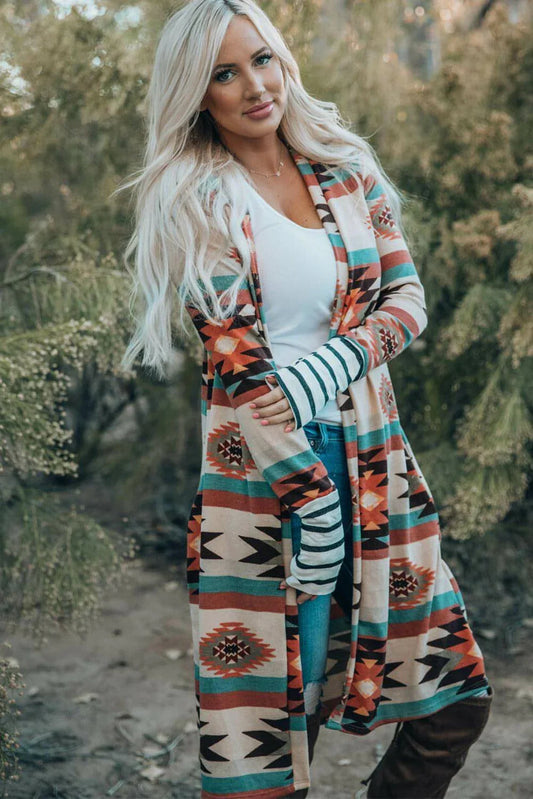 Multicolor Geometric Color Block Open Front Long Cardigan - Which Mark
