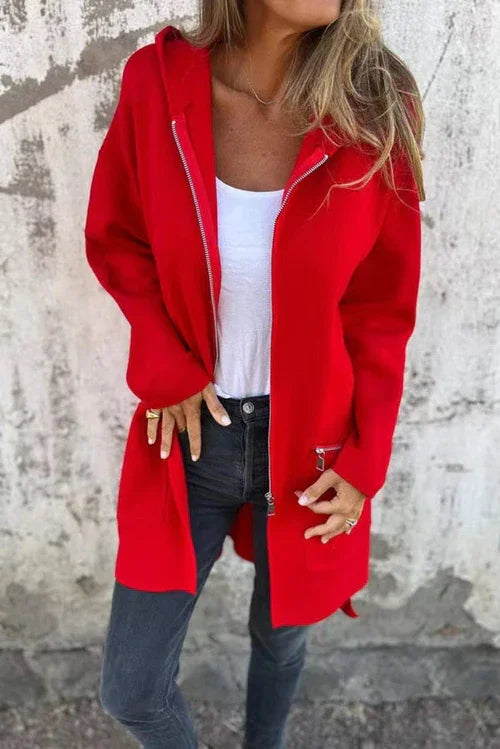 Fiery Red Solid Color Casual Zip up Hooded Coat - Which Mark