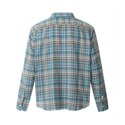 Plaid Long Sleeve DressShirt Casual Polo Collar Raw Edge Men - Which Mark