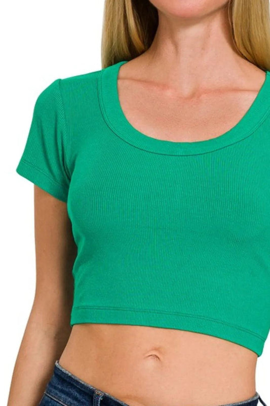 Zenana Ribbed Scoop Neck Crop Short Sleeve Top - Which Mark