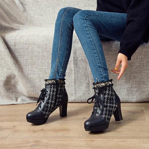 Short Boots Women's Stitching Lace Sweet Thick Heel Women's Shoes – - Which Mark