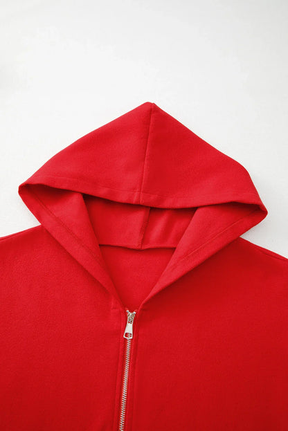 Fiery Red Solid Color Casual Zip up Hooded Coat - Which Mark