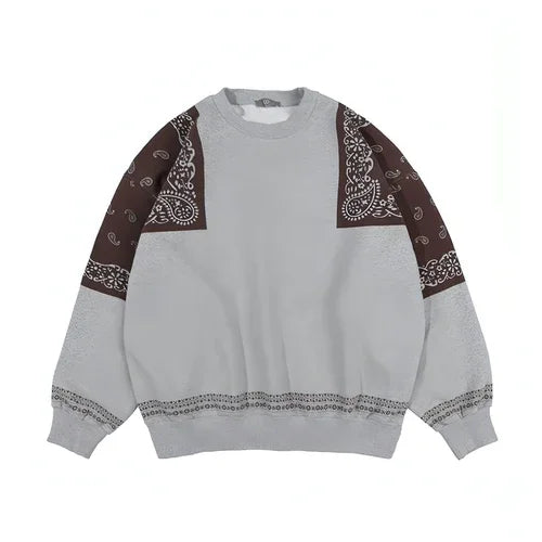Retro Paisley Stitching Fleece-lined Crew Neck Sweater - Which Mark