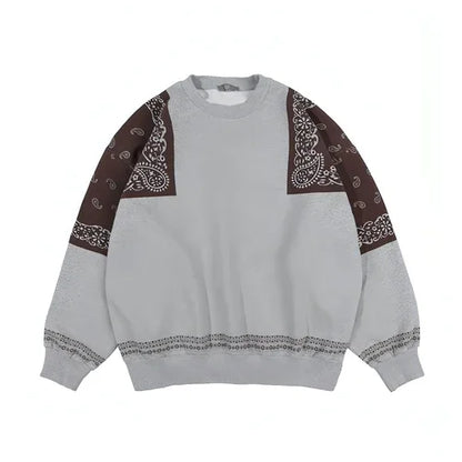 Retro Paisley Stitching Fleece-lined Crew Neck Sweater - Which Mark