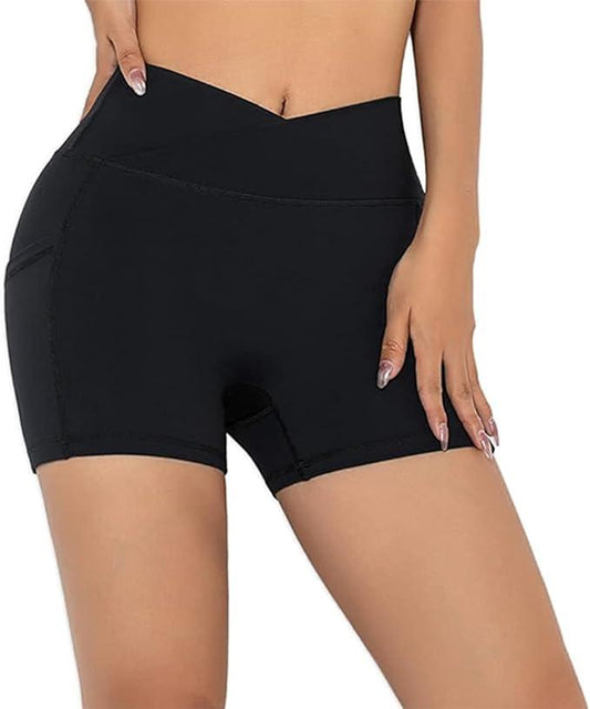 Darkterror Workout Shorts Women Spandex High Crossover Waist Gym Athletic Yoga Running with Pockets - Which Mark