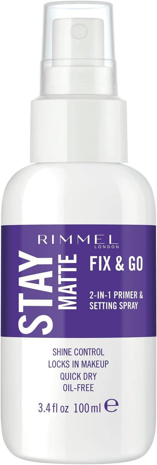 Rimmel London Stay Matte Fix & Go 2-in-1 Primer & Setting Spray, prolonging & enhancing the wear of makeup, leaving skin shine-free, Cruelty-Free - Which Mark