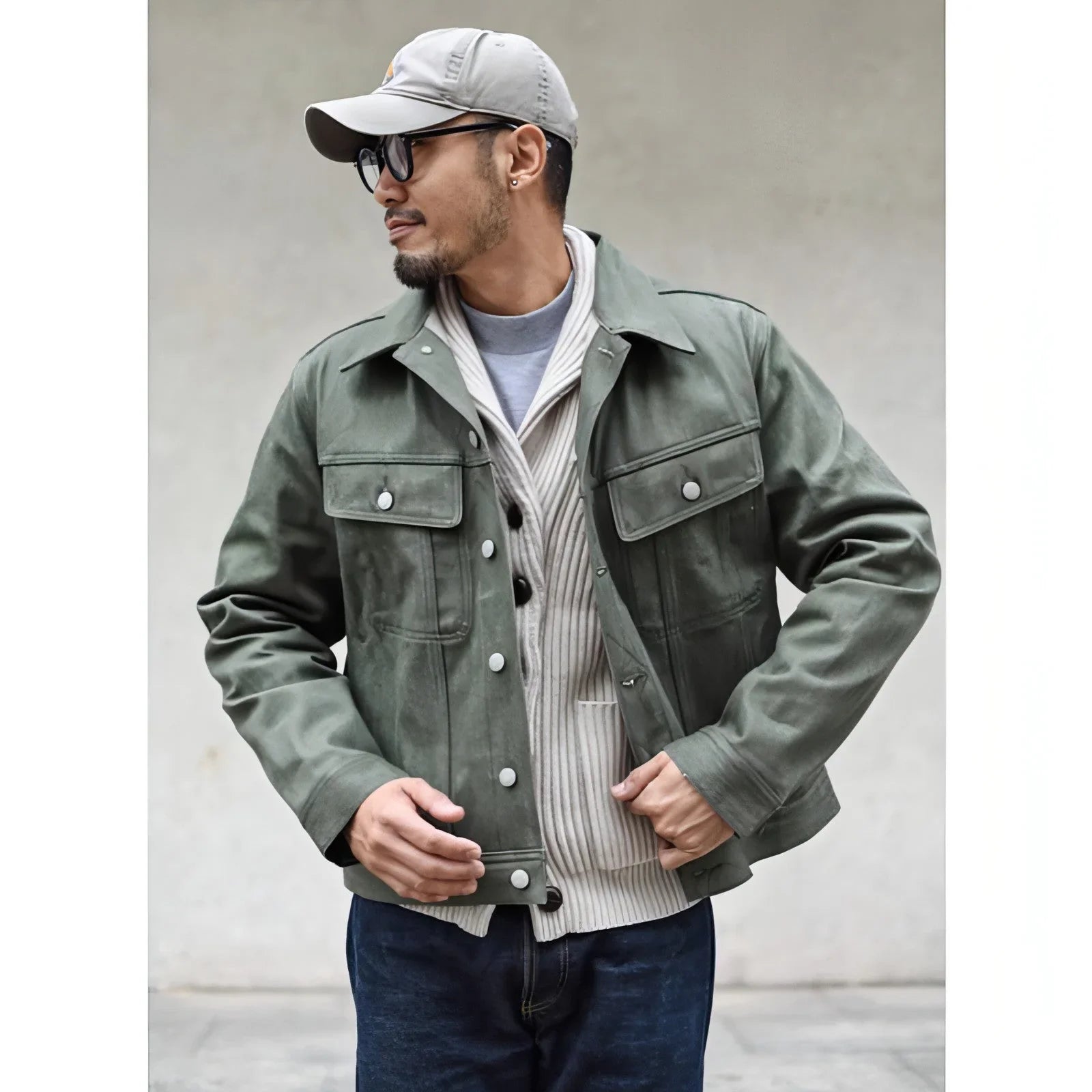 Vulcanized Green Puree Denim Retro Workwear Pure Cotton Coat Men - Which Mark