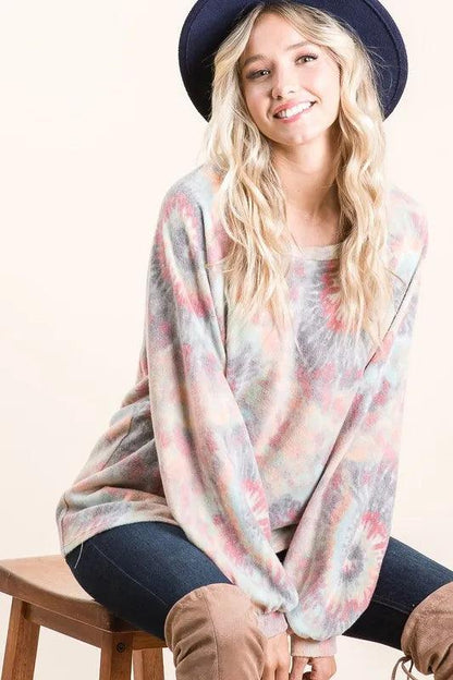 BiBi Brushed Tie Dye Print Top with Puff Sleeves - Which Mark