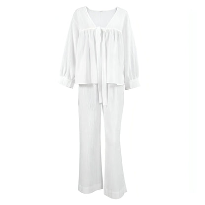Women's Fashion Long Sleeve Double-layer Crepe Pajamas Trousers Loose - Which Mark