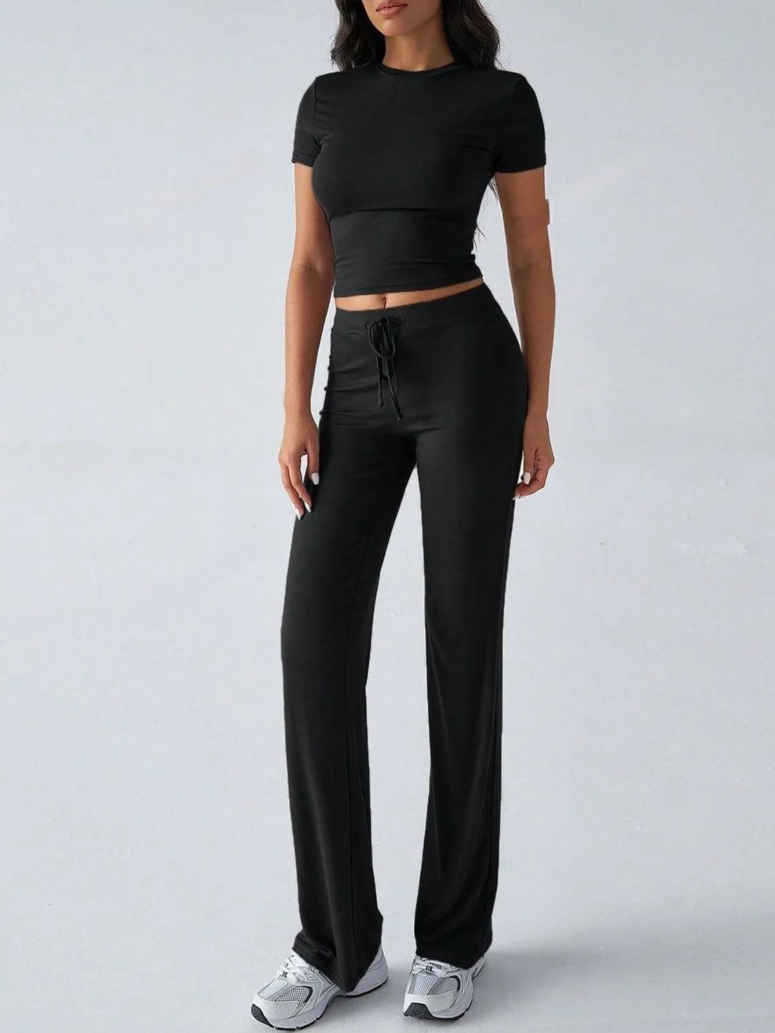 Round Neck Short Sleeve Top and Pants Set - Which Mark