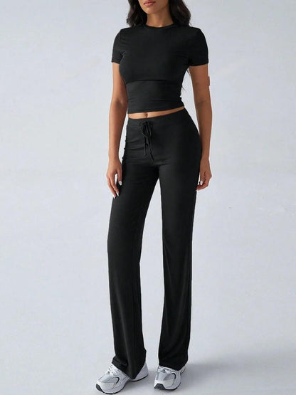 Round Neck Short Sleeve Top and Pants Set - Which Mark