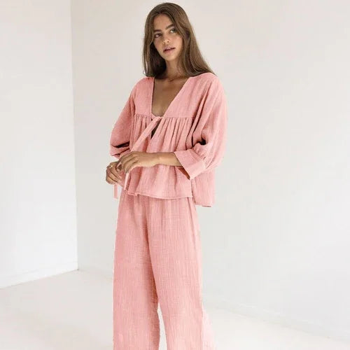Women's Fashion Long Sleeve Double-layer Crepe Pajamas Trousers Loose - Which Mark