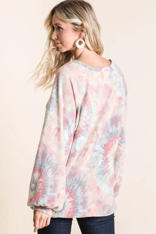 BiBi Brushed Tie Dye Print Top with Puff Sleeves - Which Mark