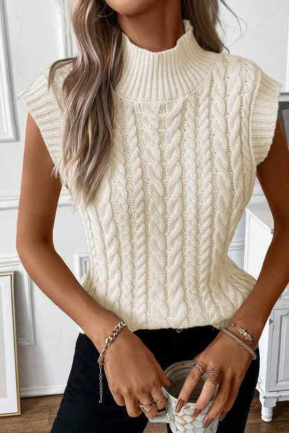Oatmeal Cable Knit High Neck Sweater Vest - Which Mark