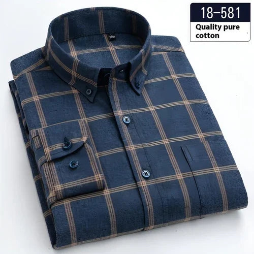 Cotton Brushed Plaid Long-sleeved DressShirt Business Casual Cotton - Which Mark