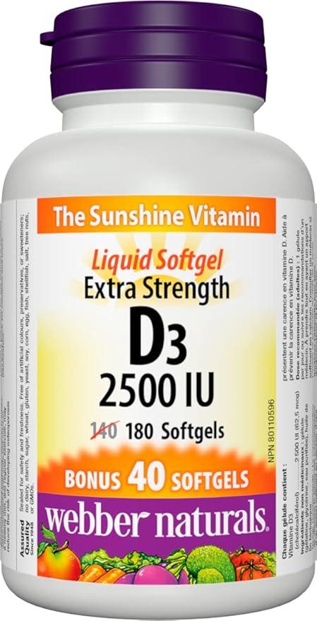 Webber Naturals Vitamin D3 2500 IU Extra Strength, 180 Softgels, For Healthy Bones, Teeth, and Helps Prevent Vitamin D Deficiency - Which Mark