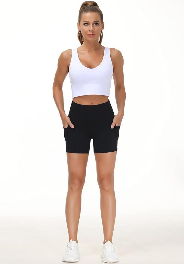 THE GYM PEOPLE High Waist Women’s Running Shorts with Side Pockets Tummy Control Workout Athletic Yoga Shorts - Which Mark