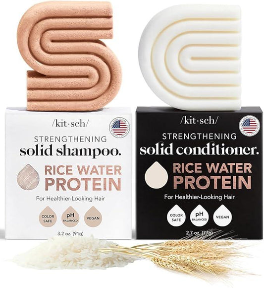 Kitsch Rice Bar Shampoo & Conditioner Set - Solid Rice Water Shampoo Bar & Conditioner Set Soap for Strengthening Hair - Paraben-Free, Made in USA, 2pc Set - Which Mark