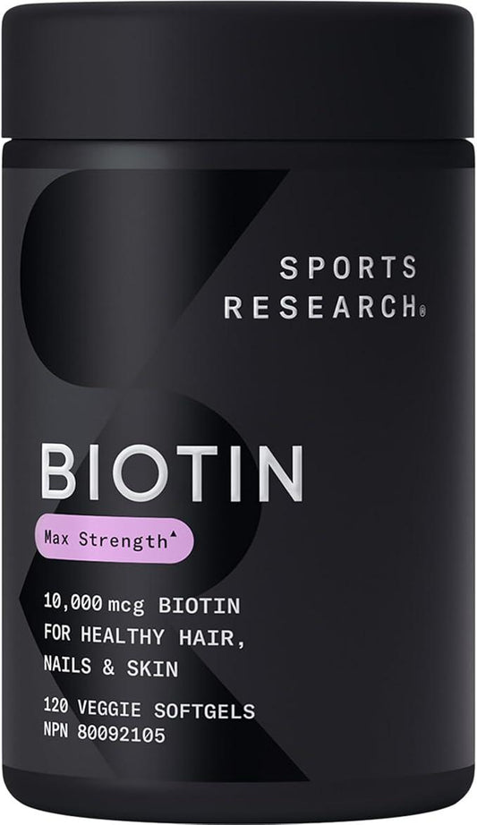 Sports Research® Max Strength Vegan Biotin 10,000mcg with Organic Coconut Oil - Helps to Maintain Healthy Hair, Nails and Skin - Great for Women & Men - 120 Veggie Softgels - Which Mark