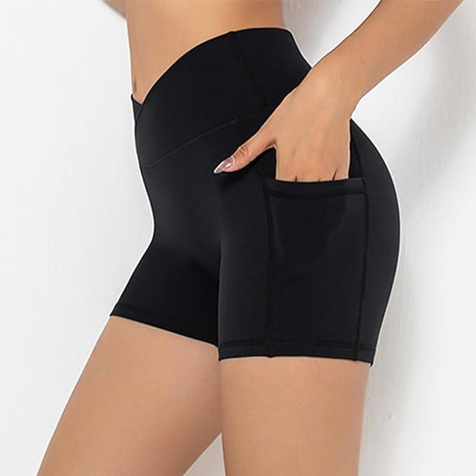 Darkterror Workout Shorts Women Spandex High Crossover Waist Gym Athletic Yoga Running with Pockets - Which Mark