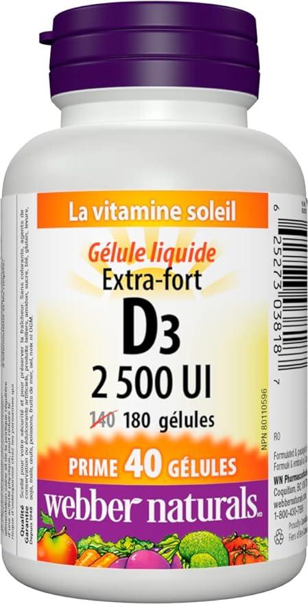 Webber Naturals Vitamin D3 2500 IU Extra Strength, 180 Softgels, For Healthy Bones, Teeth, and Helps Prevent Vitamin D Deficiency - Which Mark