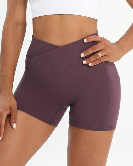 Iserkafe Workout Shorts for Women 2 Pcs Pack Cross Waist Active Gym Spandex Stretchy Yoga Compression with Side Pockets - Which Mark