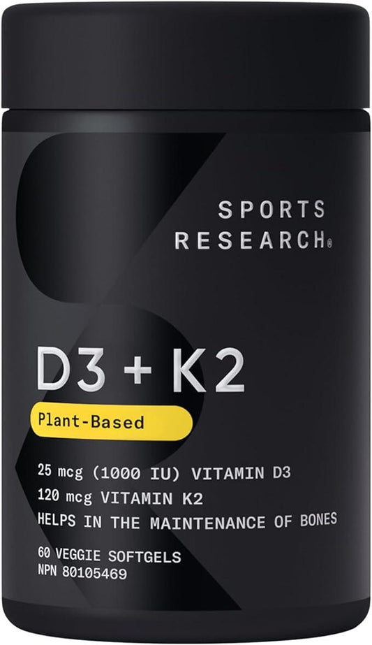 Sports Research Vitamin D3 + K2 with Organic Virgin Coconut Oil | Plant-Based Vegan D3 1000iu (25mcg) with Vitamin K2 as MK-7 (120mcg) from Chickpea | Non-GMO & Vegan Certified - 60 Veggie Softgels - Which Mark