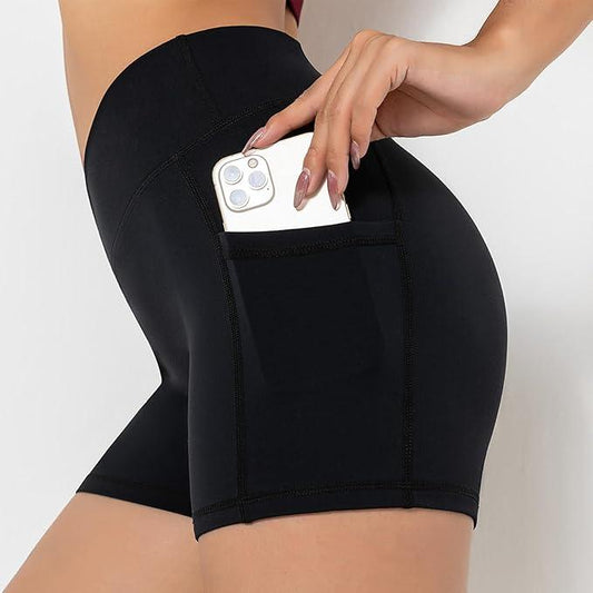 Darkterror Workout Shorts Women Spandex High Crossover Waist Gym Athletic Yoga Running with Pockets - Which Mark