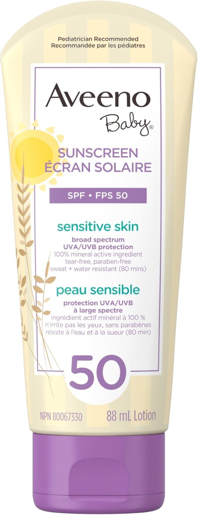Aveeno Baby Mineral Sunscreen Lotion SPF 50-100 Naturally Sourced Zinc Oxide for Sensitive Skin - Water Resistant - 88 mL(packaging may vary) - Which Mark