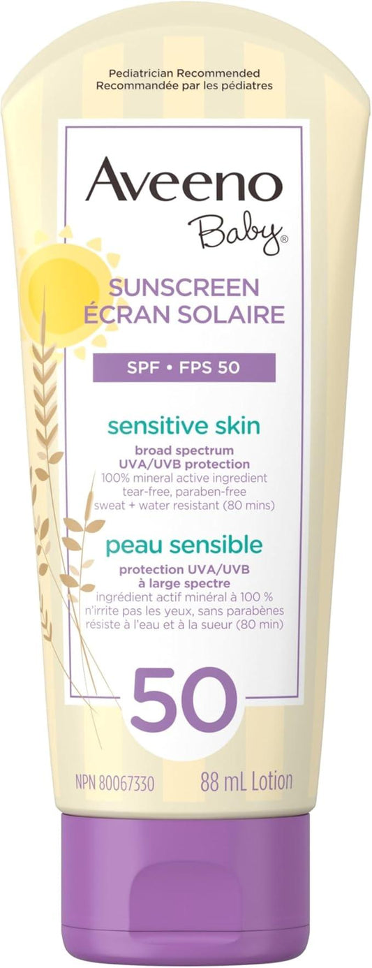 Aveeno Baby Mineral Sunscreen Lotion SPF 50-100 Naturally Sourced Zinc Oxide for Sensitive Skin - Water Resistant - 88 mL(packaging may vary) - Which Mark