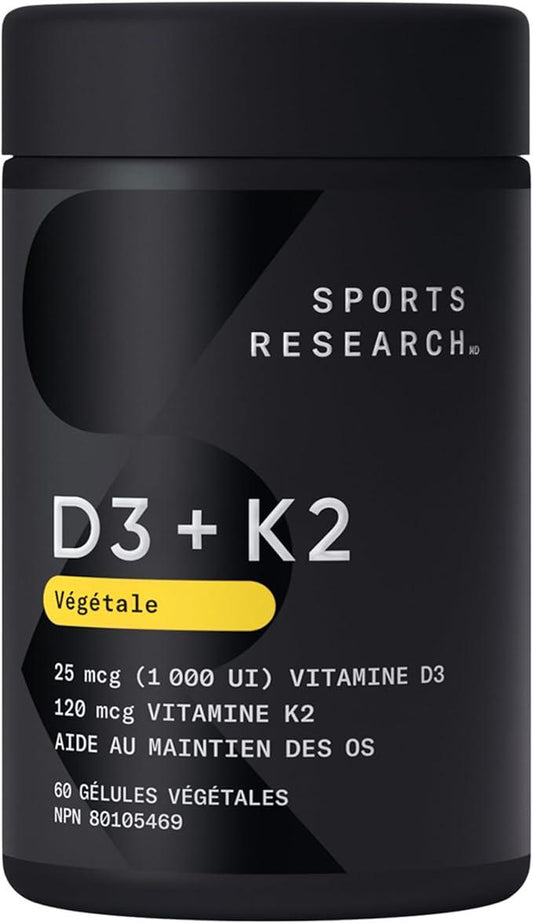 Sports Research Vitamin D3 + K2 with Organic Virgin Coconut Oil | Plant-Based Vegan D3 1000iu (25mcg) with Vitamin K2 as MK-7 (120mcg) from Chickpea | Non-GMO & Vegan Certified - 60 Veggie Softgels - Which Mark