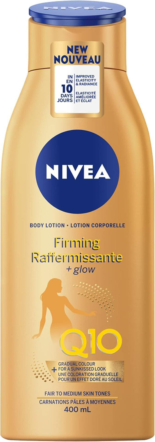 NIVEA Q10 Firming + Glow Body Lotion | Firmer-Feeling Skin | Gradual Tanning Lotion without sun exposure |Firming Body Lotion | Daily Moisturizer | For all skin types | 400mL - Which Mark