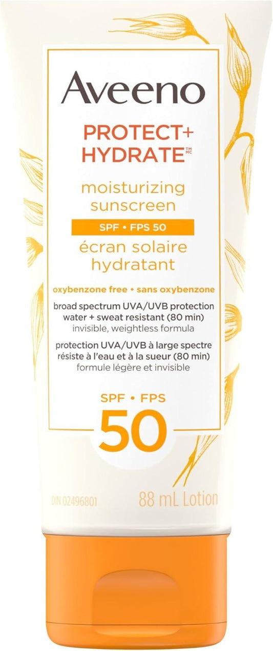 Aveeno Protect & Hydrate Face Sunscreen Lotion SPF 50 - Broad Spectrum UVA/UVB Protection with Oat Formula - Water Resistant, Non-Comedogenic Moisturizing Cream for Sensitive Skin, 88 mL - Which Mark