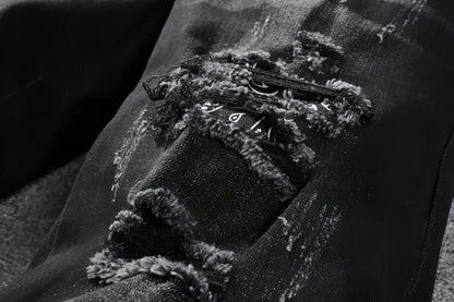 UrbanEase™ Black Cashew Flower Printed Patch Torn Jeans For Men - Which Mark