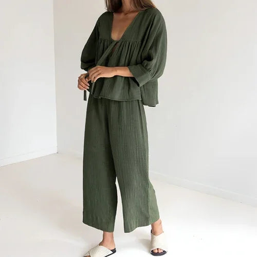 Women's Fashion Long Sleeve Double-layer Crepe Pajamas Trousers Loose - Which Mark