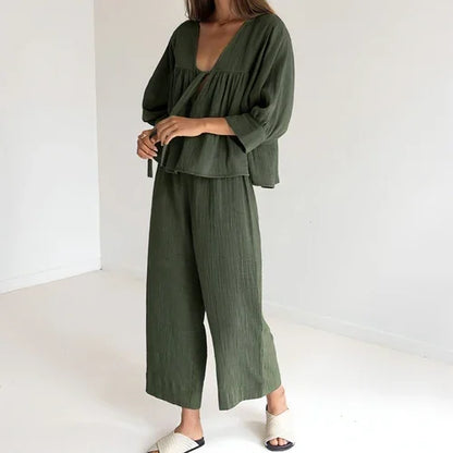 Women's Fashion Long Sleeve Double-layer Crepe Pajamas Trousers Loose - Which Mark