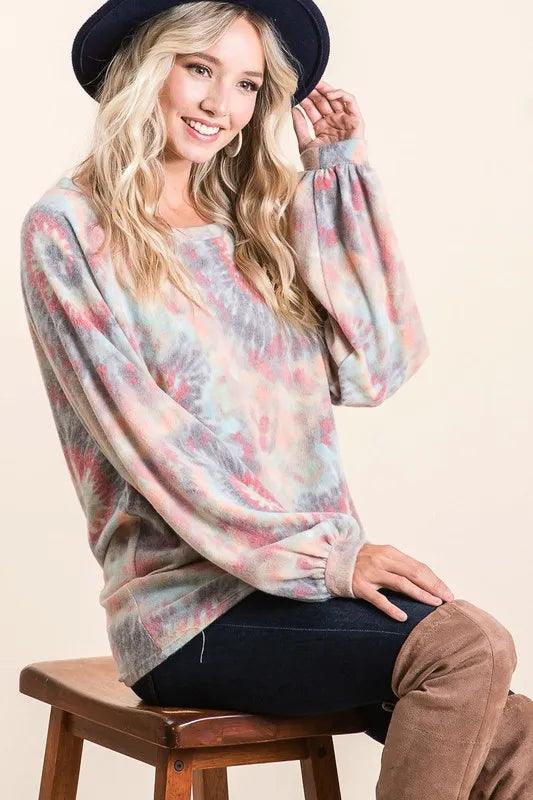 BiBi Brushed Tie Dye Print Top with Puff Sleeves - Which Mark