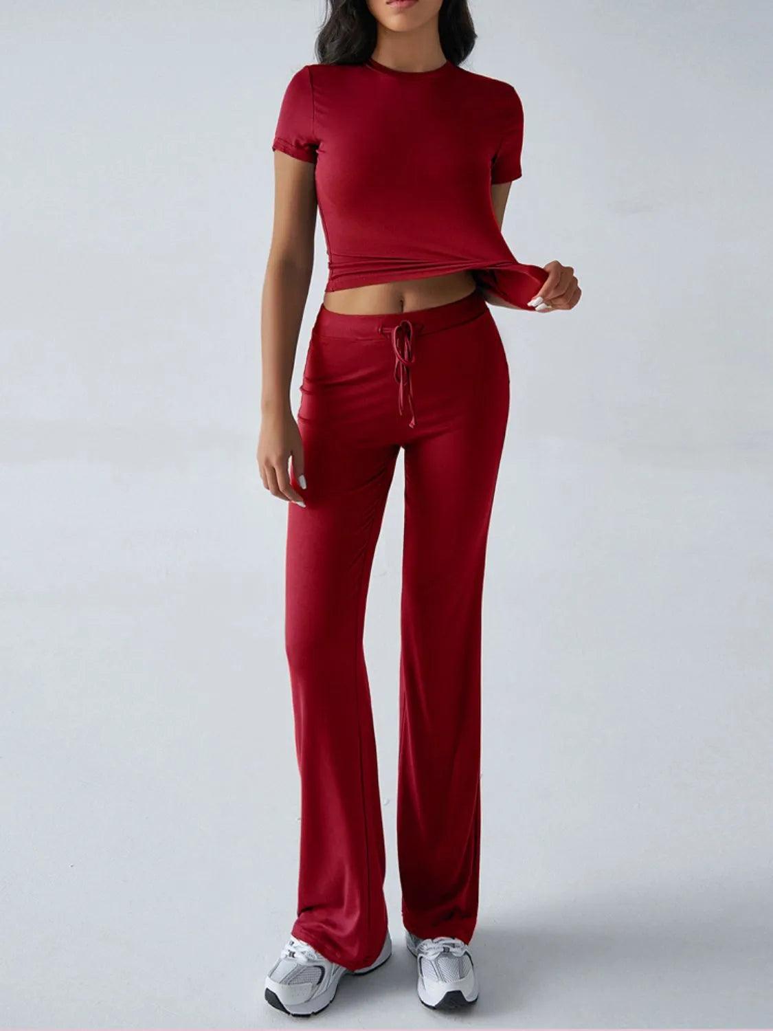 Round Neck Short Sleeve Top and Pants Set - Which Mark