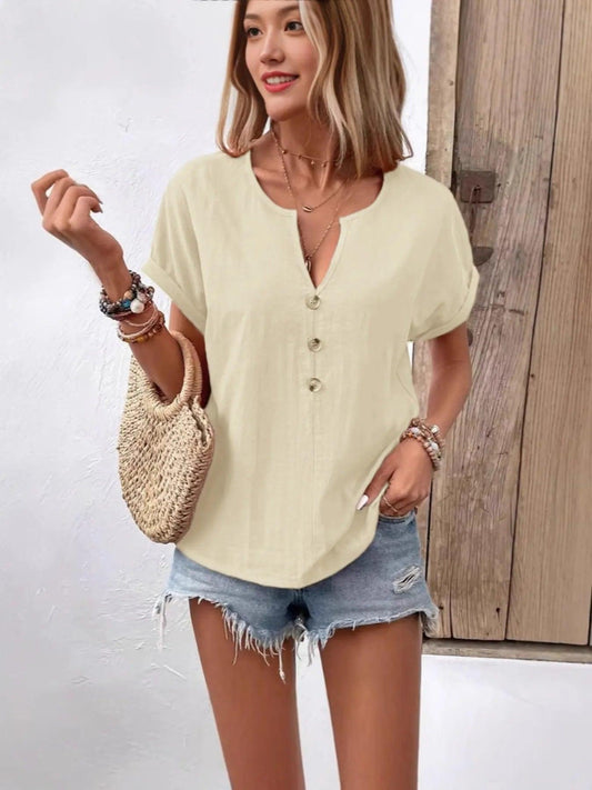 Full Size Notched Short Sleeve Top Plus Size - Which Mark