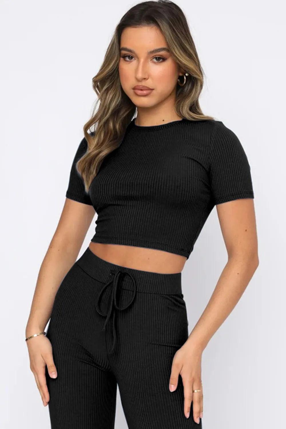Round Neck Short Sleeve Top and Pants Set - Which Mark