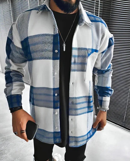 A. Men's DressShirt Plaid Pocket Long Sleeve Jacket - Which Mark