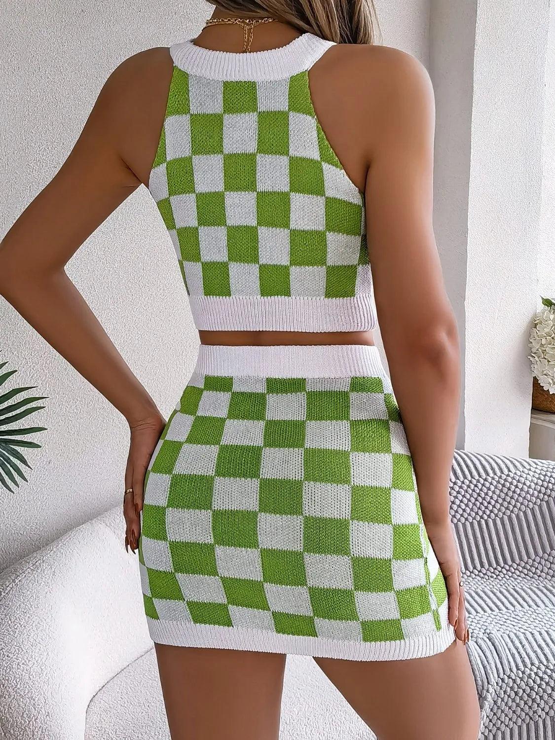 Checkered Grecian Neck Cami and Skirt Sweater Set - Which Mark