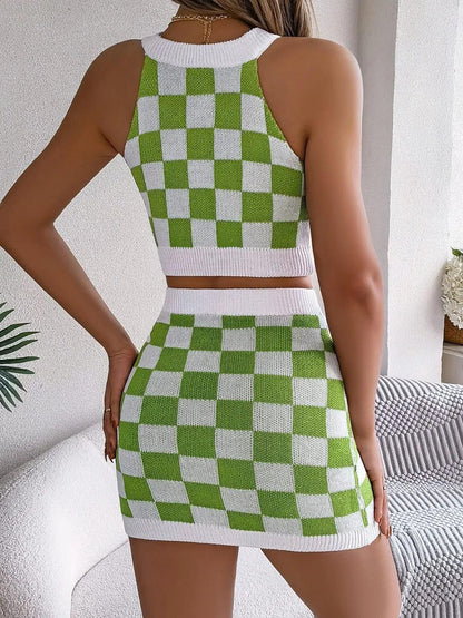 Checkered Grecian Neck Cami and Skirt Sweater Set - Which Mark