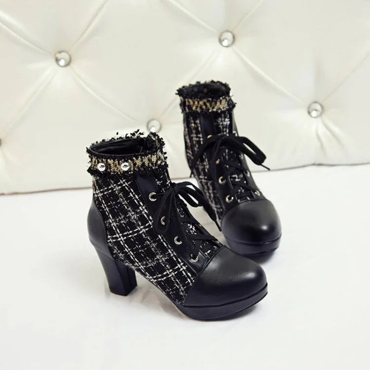 Short Boots Women's Stitching Lace Sweet Thick Heel Women's Shoes – - Which Mark